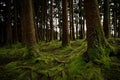 Old trees in a forest with the floor covered with moss.