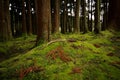 Old trees in a forest with the floor covered with moss.