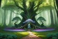 Old trees, magical fantasy forest Background, 3d landscape illustration background. Ai Generative Royalty Free Stock Photo