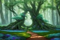 Old trees, magical fantasy forest Background, 3d landscape illustration background. Ai Generative Royalty Free Stock Photo