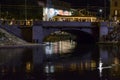 Old trolley car passes on Darsena embankment at night life time