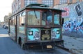 Old trolley covered with graffiti in Brooklyn