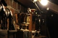 Old trophies being stored in the basement on shelves