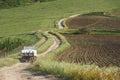 Old Truck Crosses Winding Dirt Road In Rural Area