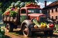 Old truck laden with fresh fruits and vegetables