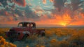 an old truck in the middle of a field at sunset Royalty Free Stock Photo