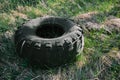 Old truck tire rubber lying on the grass