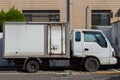 An old truck. White grocery lorry. Small rusty refrigerator vehicle. Logistics Marketing. Royalty Free Stock Photo