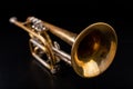 Old trumpet on a dark wooden table. Wind instrument in the old style