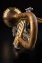 Old trumpet on a dark wooden table. Wind instrument in the old style Royalty Free Stock Photo