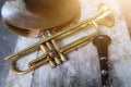 Old trumpet instrument Vintage jazz musical instrument background.