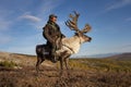 Old Mongolian man riding a reindeer.