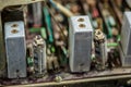 Old tube chips with vintage transistors and resistors. small focusing area, selective focus. top view