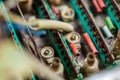 Old tube chips with vintage transistors and resistors. small focusing area, selective focus. top view