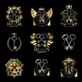 Old Turnkey Keys emblems set. Heraldic vector design elements co Royalty Free Stock Photo