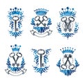 Old Turnkey Keys emblems set. Heraldic vector design elements collection. Royalty Free Stock Photo