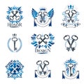 Old Turnkey Keys emblems set. Heraldic vector design elements co Royalty Free Stock Photo