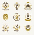 Old Turnkey Keys emblems set. Heraldic vector design elements collection. Retro style label. Royalty Free Stock Photo