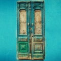 Old turquoise wooden door on blue wall with copy space. Texture background. Pop art concept, vintage style. Square crop