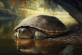 old turtle sleeping on riverbank, with its head tucked under its shell Royalty Free Stock Photo