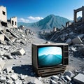 An old TV lying on the ruins of a A ruined Destroyed mountains of rubble and The concept of the Royalty Free Stock Photo