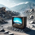 An old TV lying on the ruins of a A ruined Destroyed mountains of rubble and The concept of the Royalty Free Stock Photo