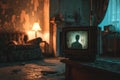 Old TV with a shadow silhouette of a man on the screen in a dark room with shabby walls Royalty Free Stock Photo