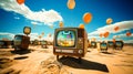 An old TV was disposed of in the desert, surrounded by orange balloons