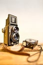 Old twin-lens reflex camera with light meter Royalty Free Stock Photo