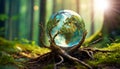 Glass Earth Globe Above the Roots of a Tree - Generative Ai Royalty Free Stock Photo