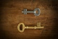 Old two keys placed on a wooden floor loe key light.