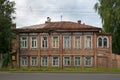 An old two-story wooden building in the city of Kostroma