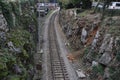 Train rail in the middle of urban environment. Railroad track Royalty Free Stock Photo