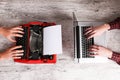 Old typewriter and laptop on table. Concept of technology progress