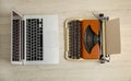 Old typewriter and laptop on wooden table, flat lay. Concept of technology progress Royalty Free Stock Photo