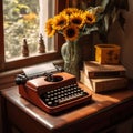 An old typewriter sitting on a desk next to a vase of sunflowers. Generative AI image. Royalty Free Stock Photo