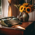 An old typewriter sitting on a table next to a vase of sunflowers. Generative AI image. Royalty Free Stock Photo