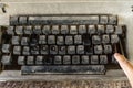 Old typewriter with special buttons , LOVE word and hand of man push enter Royalty Free Stock Photo