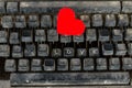 Old typewriter with special buttons , LOVE word and red heart shape.