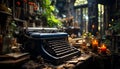 Old typewriter on wooden table, close up of antique machinery generated by AI Royalty Free Stock Photo