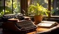 Old typewriter on wooden table, close up of antique technology generated by AI Royalty Free Stock Photo