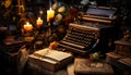 Old typewriter on wooden table, a nostalgic author still life generated by AI Royalty Free Stock Photo