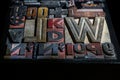 Old typography letters in a box some made of wood some of steel or lead