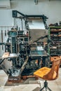 Old typography printing machine with letter samples. Royalty Free Stock Photo
