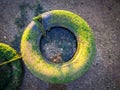 Old tyre dumped in blue river sea Royalty Free Stock Photo