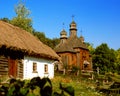 Old ukrainian house and church, Pirogovo, Kiev, Ukraine, Europe Royalty Free Stock Photo