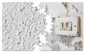 Old unhealthy interior plaster wall damaged by rising damp or from water leaks versus a new plaster wall - concept in jigsaw Royalty Free Stock Photo