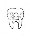 Old unhealthy sad human tooth with caries, tired eyes and bristles. Outline. Vector illustration. Symbol of somatology