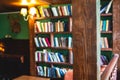 Old university college library interior with a bookshelves, books and bookcase, classic style school interior archive with wooden