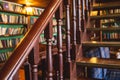 Old university college library interior with a bookshelves, books and bookcase, classic style school interior archive with wooden